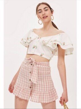 Topshop Rose Gingham Front Button Tie Summer Flirty Schoolgirl Y2K Mini Skirt 2